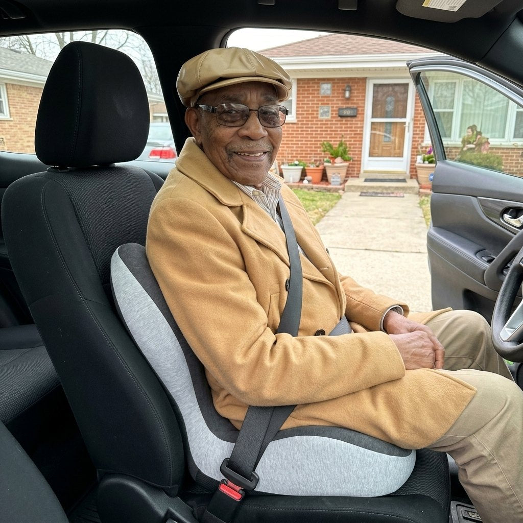 A CELINVA customer sitting on the cushion in the car